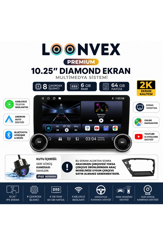 LOONVEX Premium 10.25 İnç Diamond 2K Multimedya Ekran 8 Çekirdek 6GB RAM 64GB Hafıza + Geri Görüş Kamerası