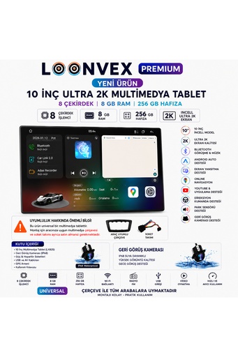 LOONVEX Premium LX825 10 İnç Incell Ultra 2K Multimedya Ekran 8 Çekirdek 8GB RAM 256GB Hafıza + Geri Görüş Kamerası