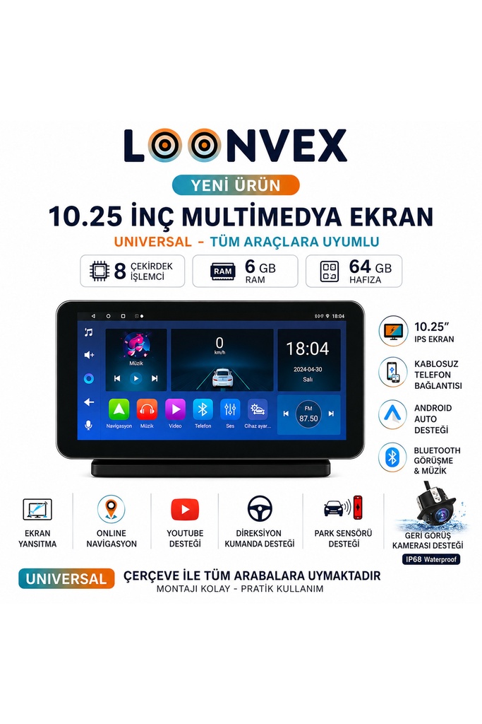 LOONVEX Premium 10.25 İnç Universal Multimedya Ekran 8 Çekirdek 6GB RAM 64GB Hafıza + Geri Görüş Kamerası