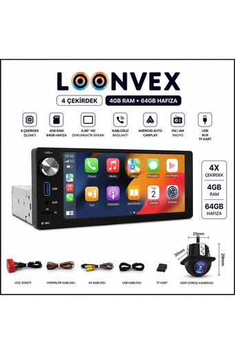 LOONVEX 6.86 İnç Universal Multimedya Ekran 4 Çekirdek 4GB RAM 64GB Hafıza Geri Görüş Kameralı