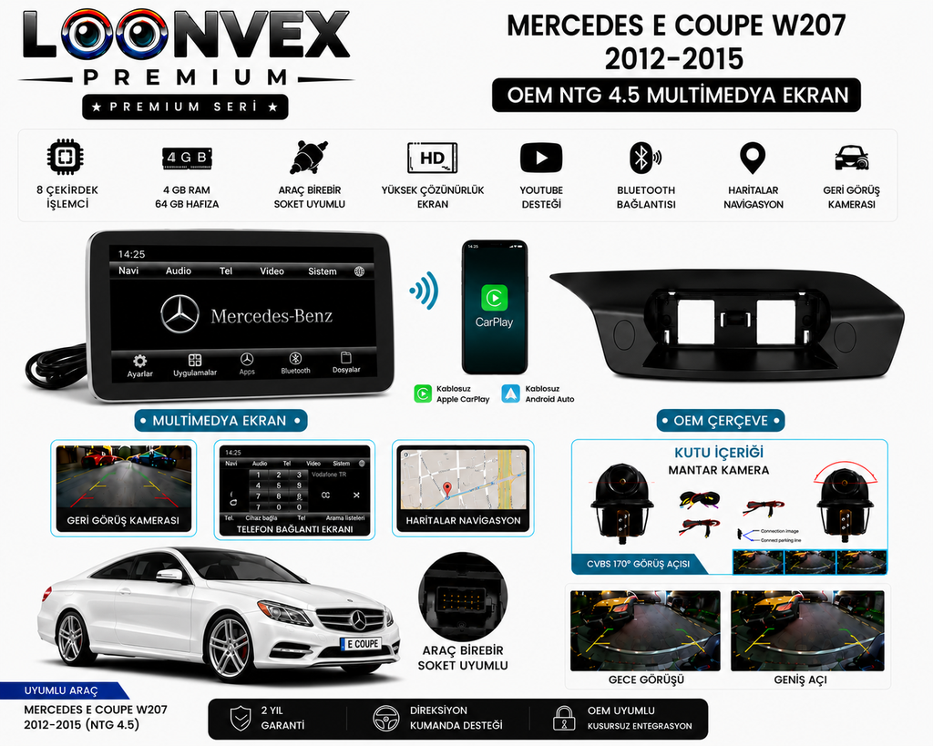 LOONVEX Premium Mercedes E Coupe W207 2012-2015 NTG 4.5 Multimedya Ekran 8 Çekirdek 4GB 64GB