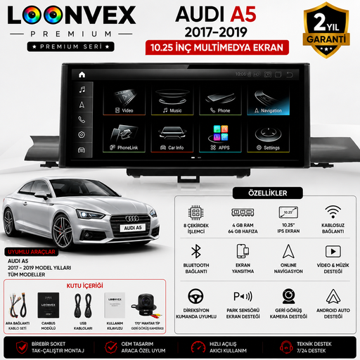LOONVEX Premium Audi A4 B9 / Audi A5 B9 2017-2019 10.25 İnç OEM Multimedya Ekran 8 Çekirdek 4GB 64GB