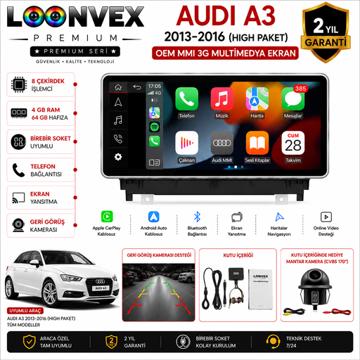 LOONVEX PREMIUM Audi A3 2013-2016 High Paket OEM MMI 3G Multimedya Ekran | 8 Çekirdek | 4GB RAM | 64GB Hafıza