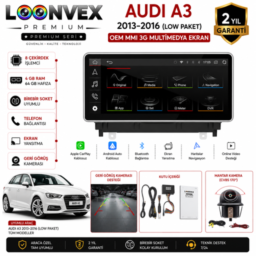 LOONVEX PREMIUM Audi A3 2013-2016 Low Paket OEM MMI 3G Multimedya Ekran | 8 Çekirdek | 4GB RAM | 64GB Hafıza