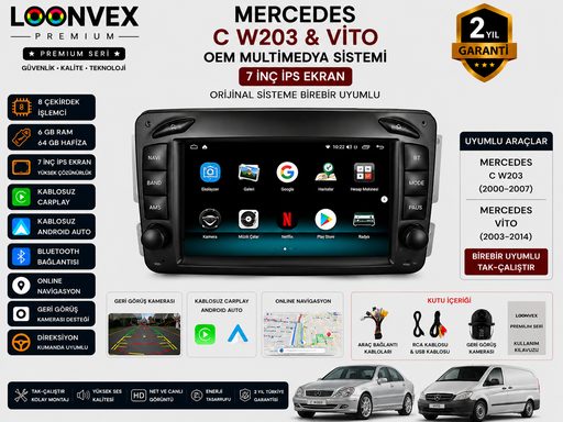 LOONVEX Premium Mercedes C W203 / Vito OEM 7 İnç Multimedya Ekran | 8 Çekirdek | 6GB RAM | 64GB