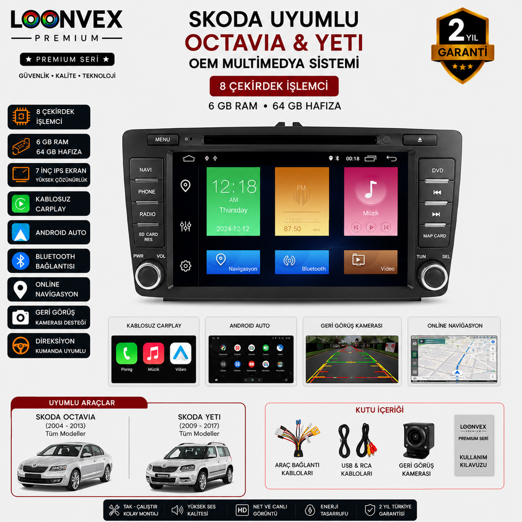 LOONVEX Premium Skoda Octavia / Yeti OEM 7 İnç Multimedya Ekran | 8 Çekirdek | 6GB RAM | 64GB