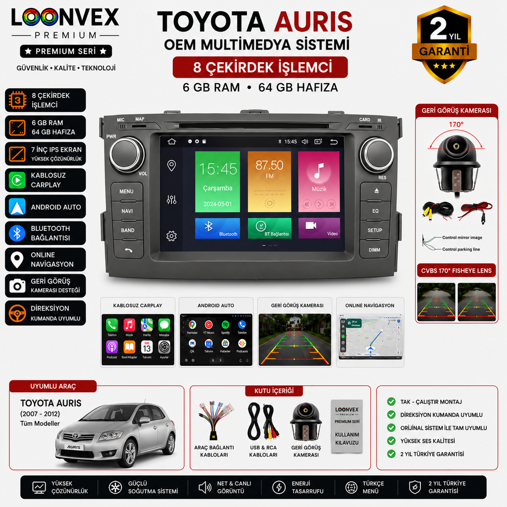 LOONVEX Premium Toyota Auris OEM 7 İnç Multimedya Ekran | 8 Çekirdek | 6GB RAM | 64GB | Geri Görüş Kameralı