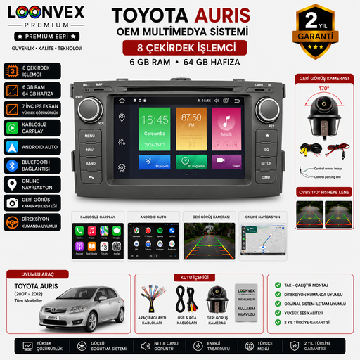 LOONVEX Premium Toyota Auris OEM 7 İnç Multimedya Ekran | 8 Çekirdek | 6GB RAM | 64GB | Geri Görüş Kameralı