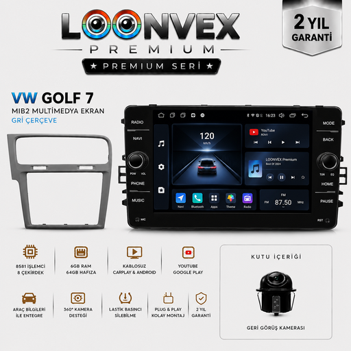 LOONVEX Premium Volkswagen Golf 7 MIB2 8 Çekirdek 6GB RAM 64GB Multimedya Ekran – Gri Çerçeve