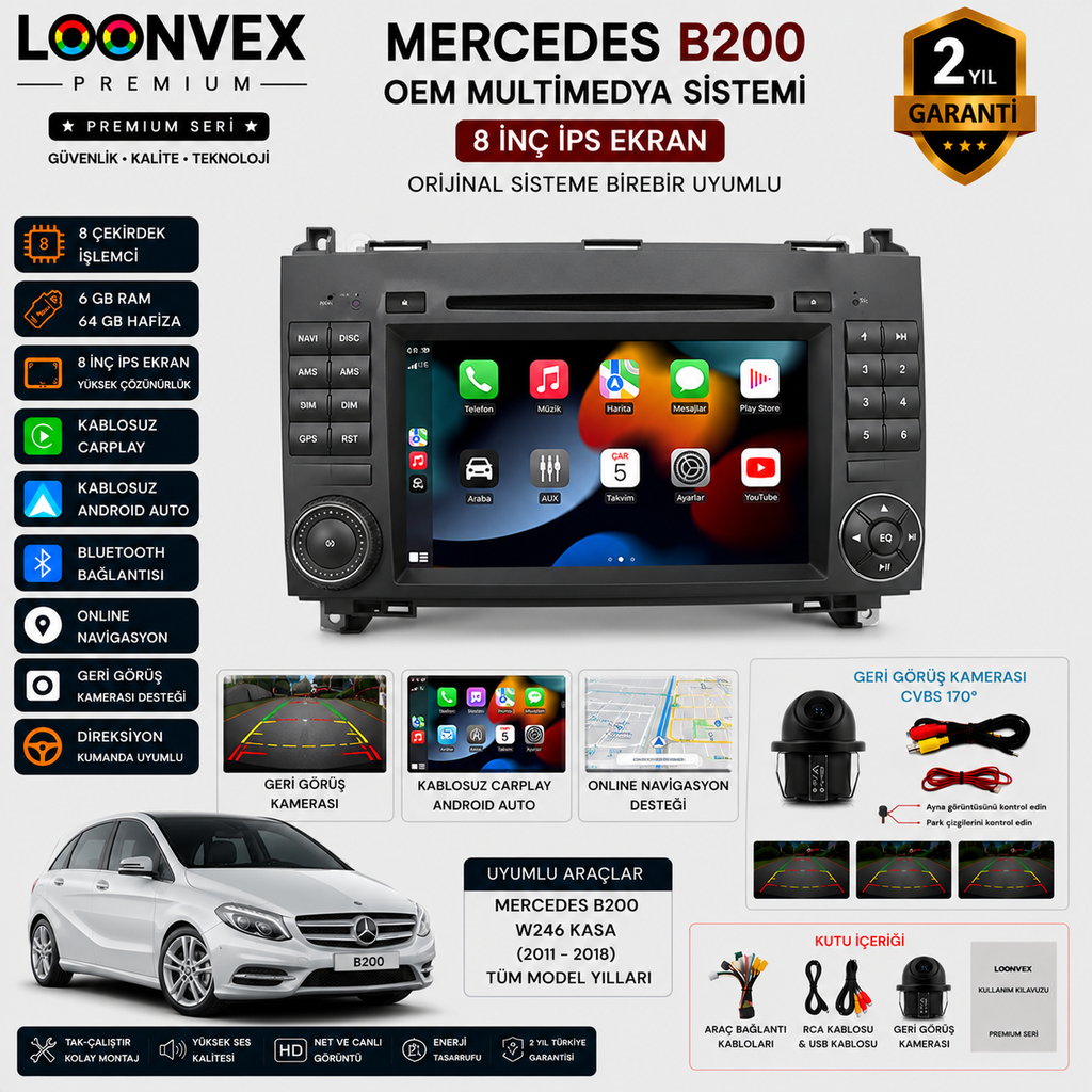 LOONVEX Premium Mercedes B200 OEM Multimedya Ekran | 8 Çekirdek | 6GB RAM | 64GB