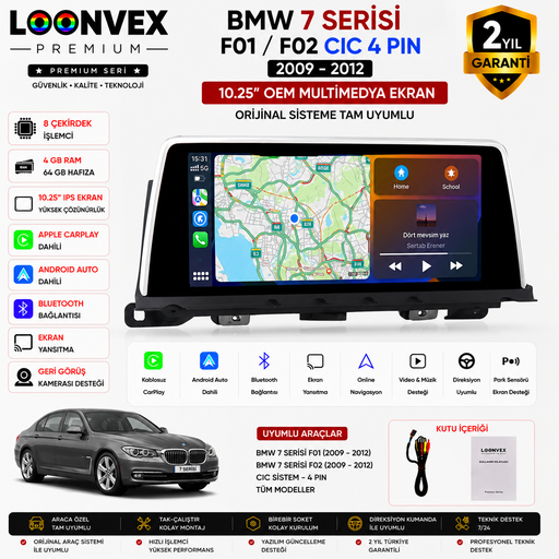 LOONVEX Premium BMW 7 Serisi F01/F02 CIC 4 Pin 2009-2012 OEM Multimedya Ekran | 10.25 İnç | 4GB RAM | 64GB