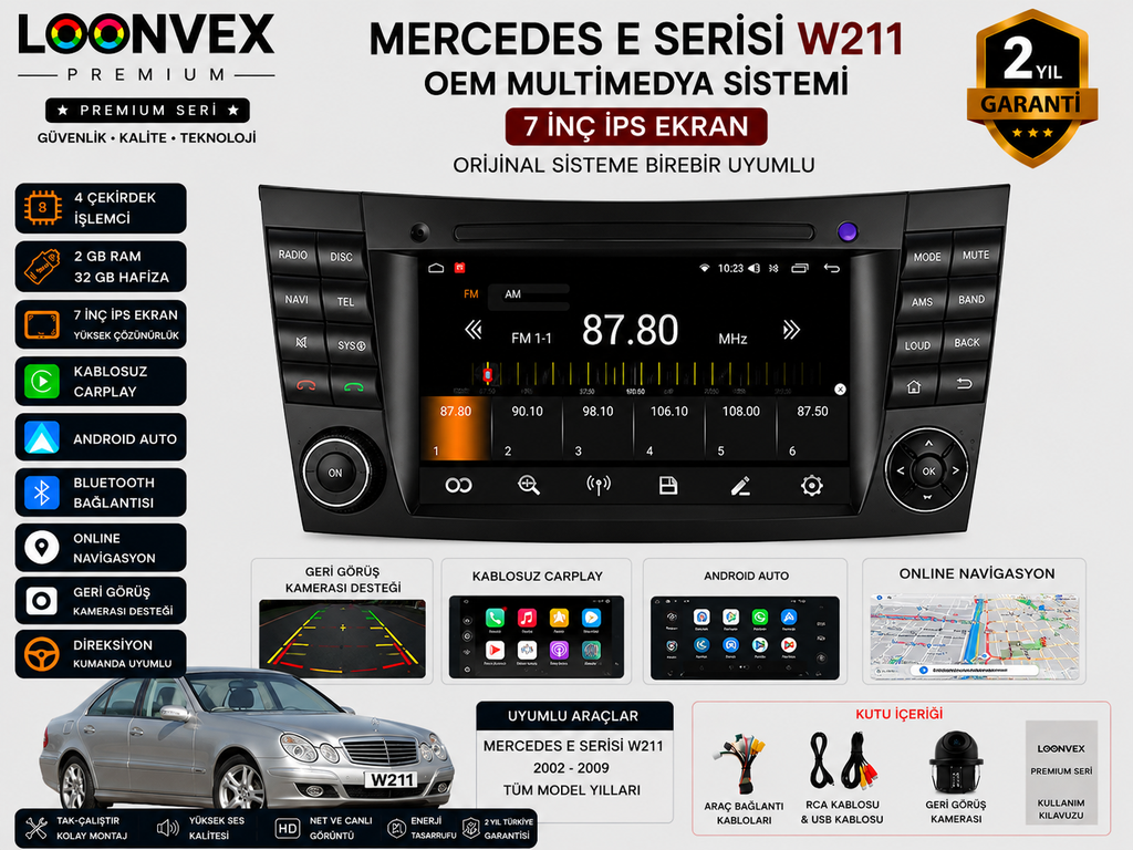 LOONVEX Premium Mercedes-Benz E Serisi W211 OEM 7 İnç Multimedya Ekran | Android | Bluetooth | Geri Görüş Kameralı