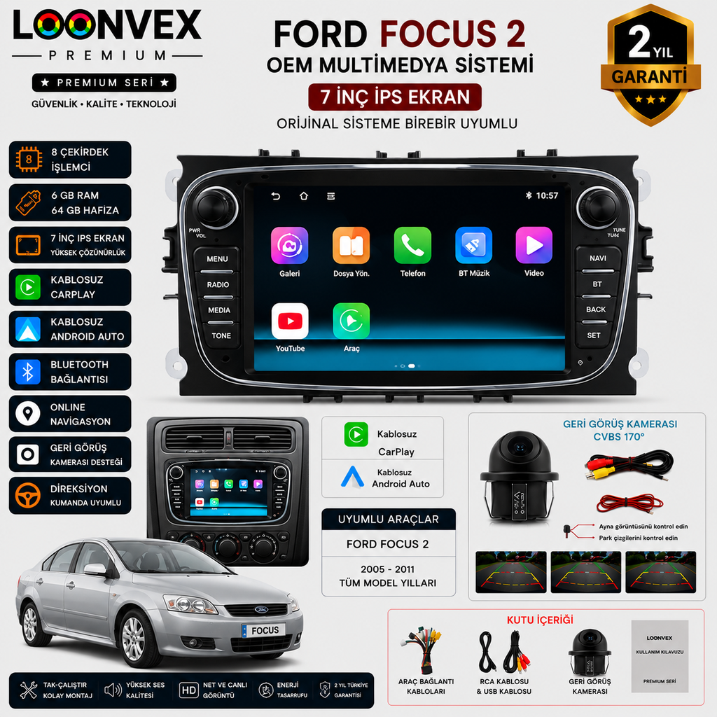 LOONVEX Premium Ford Focus 2 Siyah OEM 7 İnç Multimedya Ekran | 8 Çekirdek | 6GB RAM | 64GB