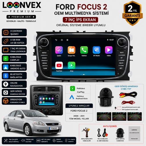 LOONVEX Premium Ford Focus 2 Siyah OEM 7 İnç Multimedya Ekran | 8 Çekirdek | 6GB RAM | 64GB