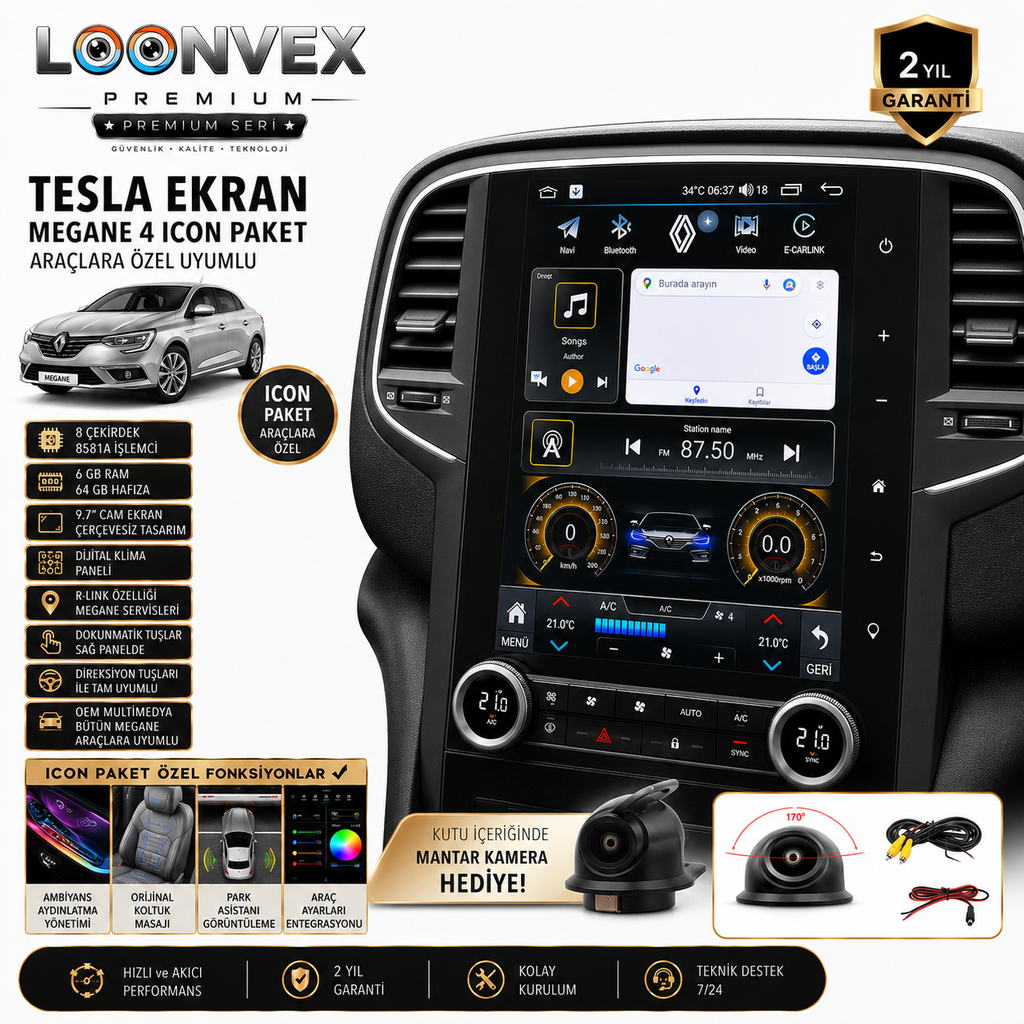 LOONVEX Premium Renault Megane 4 Icon Paket Tesla Ekran 9.7 İnç – 8 Çekirdek 6GB RAM 64GB