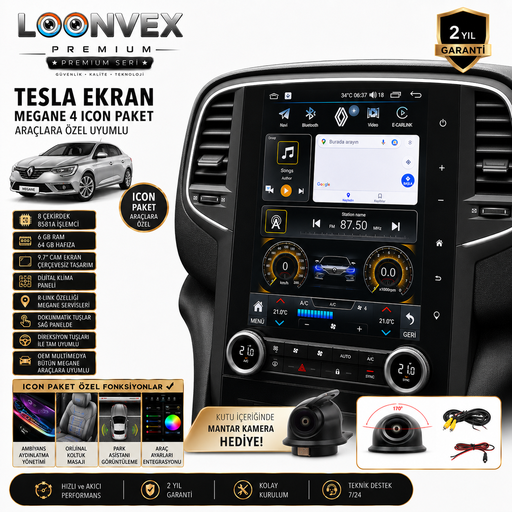 LOONVEX Premium Renault Megane 4 Icon Paket Tesla Ekran 9.7 İnç – 8 Çekirdek 6GB RAM 64GB