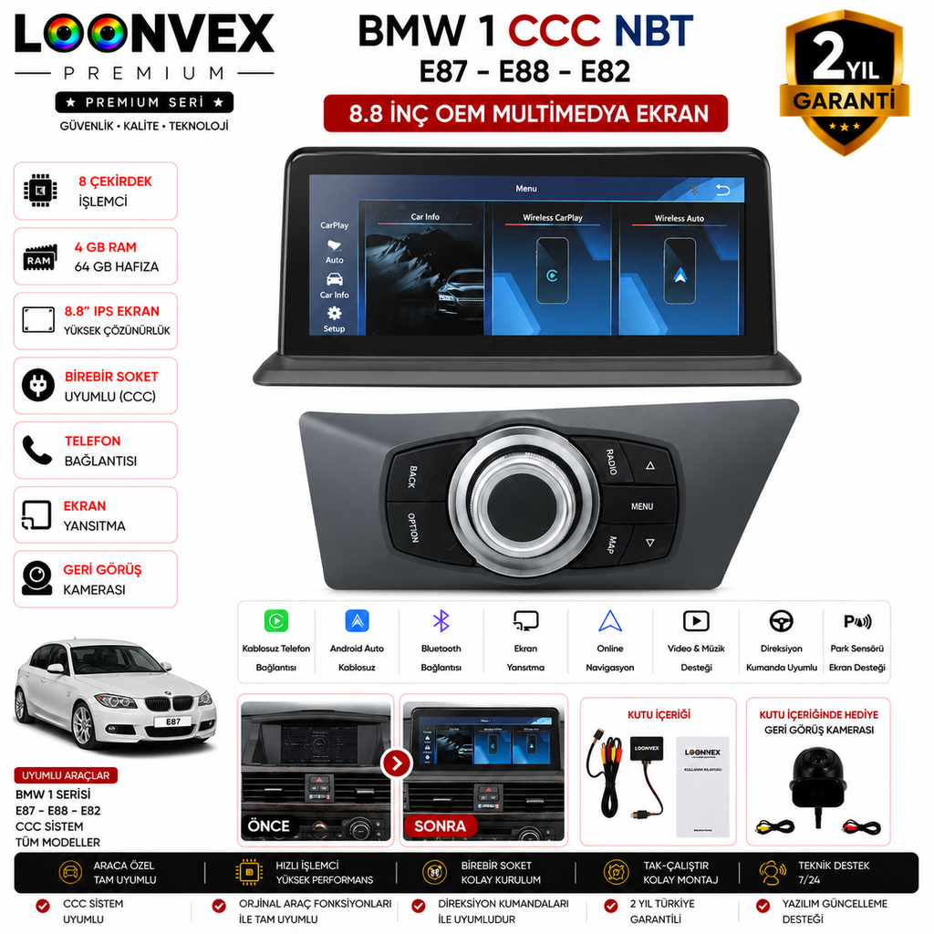 LOONVEX PREMIUM BMW 1 Serisi E87 / E88 / E82 CCC OEM Multimedya Ekran | 8.8 İnç | 8 Çekirdek | 4GB RAM | 64GB Hafıza