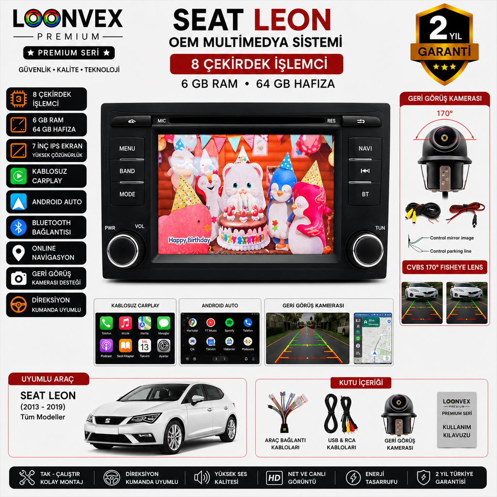 LOONVEX Premium SEAT Leon OEM 7 İnç Multimedya Ekran | 8 Çekirdek | 6GB RAM | 64GB | Geri Görüş Kameralı