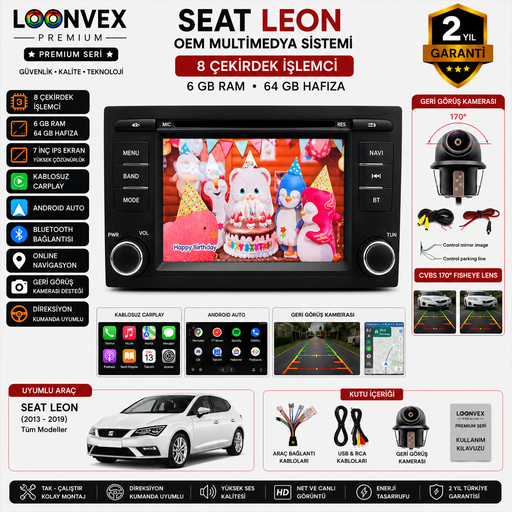LOONVEX Premium SEAT Leon OEM 7 İnç Multimedya Ekran | 8 Çekirdek | 6GB RAM | 64GB | Geri Görüş Kameralı