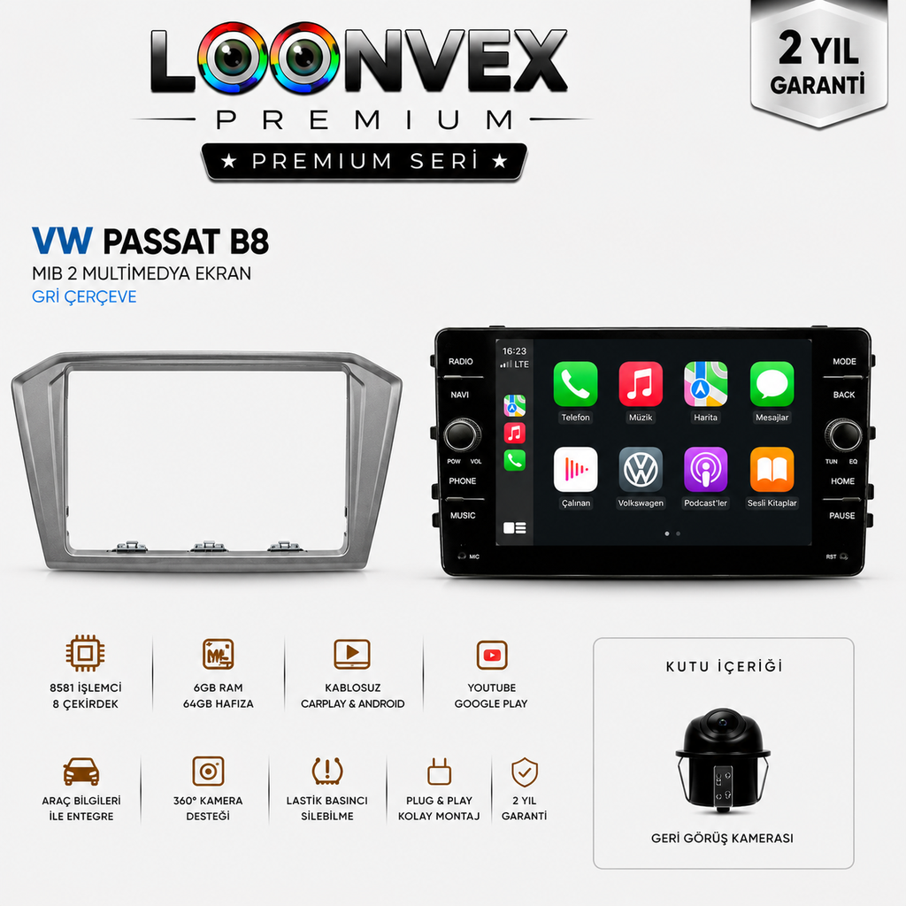 LOONVEX Premium Volkswagen Passat B8 MIB2 8 Çekirdek 6GB RAM 64GB Multimedya Ekran – Gri Çerçeve