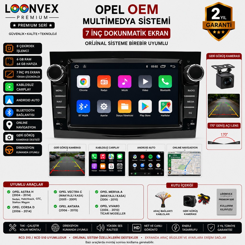 LOONVEX Premium Opel OEM Piano Black 7 İnç Multimedya Ekran | Astra H | Corsa D | Zafira B | Vectra C | Antara | Meriva A | Vivaro