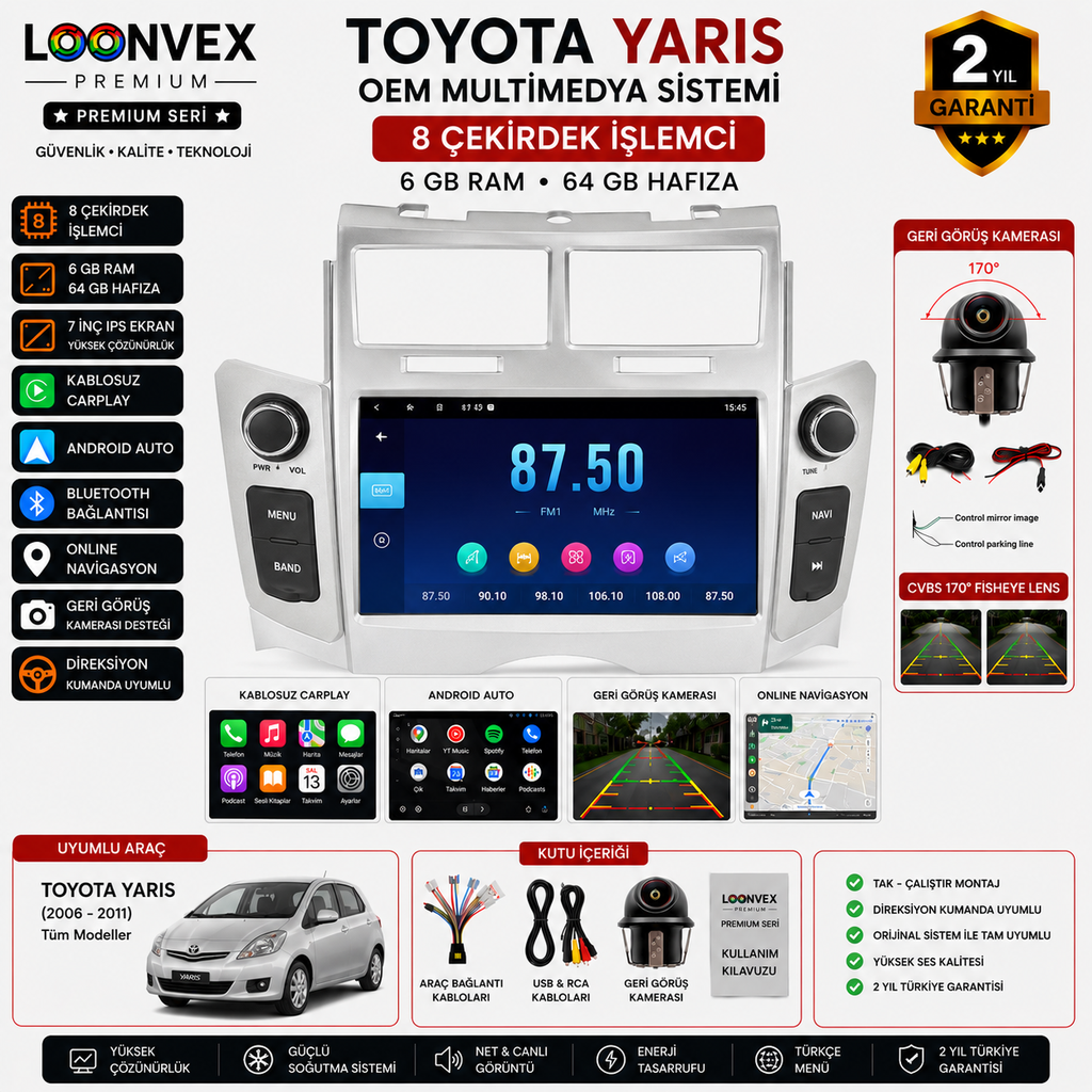 LOONVEX Premium Toyota Yaris OEM 7 İnç Multimedya Ekran | 8 Çekirdek | 6GB RAM | 64GB | Geri Görüş Kameralı