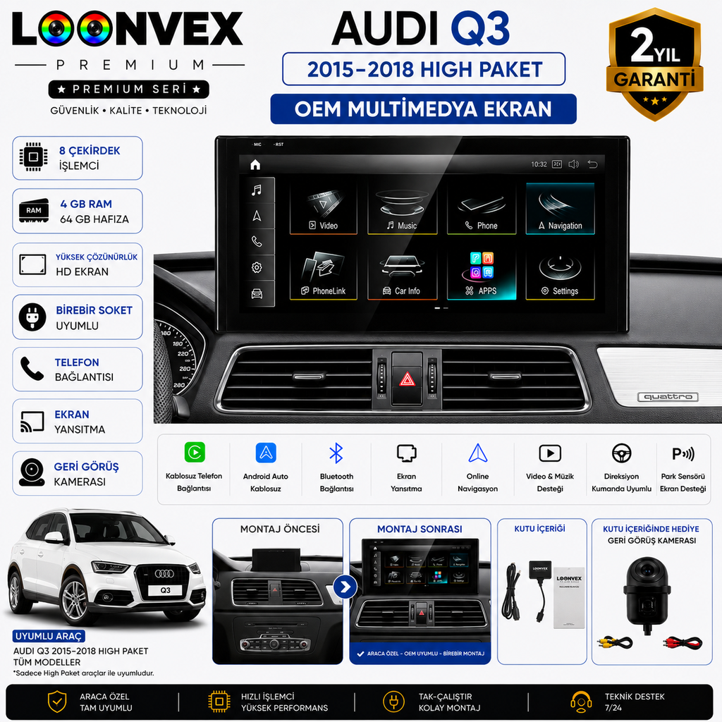 LOONVEX PREMIUM Audi Q3 2015-2018 (High Paket) OEM Multimedya Ekran | 8 Çekirdek | 4GB RAM | 64GB Hafıza