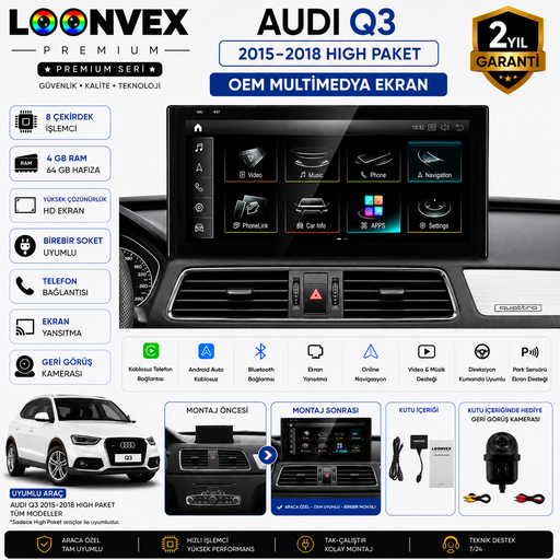 LOONVEX PREMIUM Audi Q3 2015-2018 (High Paket) OEM Multimedya Ekran | 8 Çekirdek | 4GB RAM | 64GB Hafıza