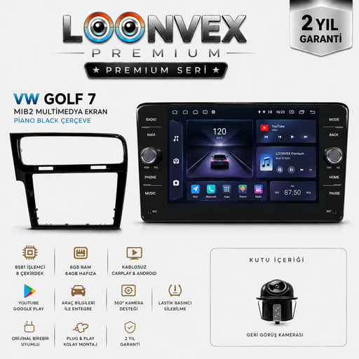 LOONVEX Premium Volkswagen Golf 7 MIB2 8 Çekirdek 6GB RAM 64GB Multimedya Ekran – Piano Black Çerçeve