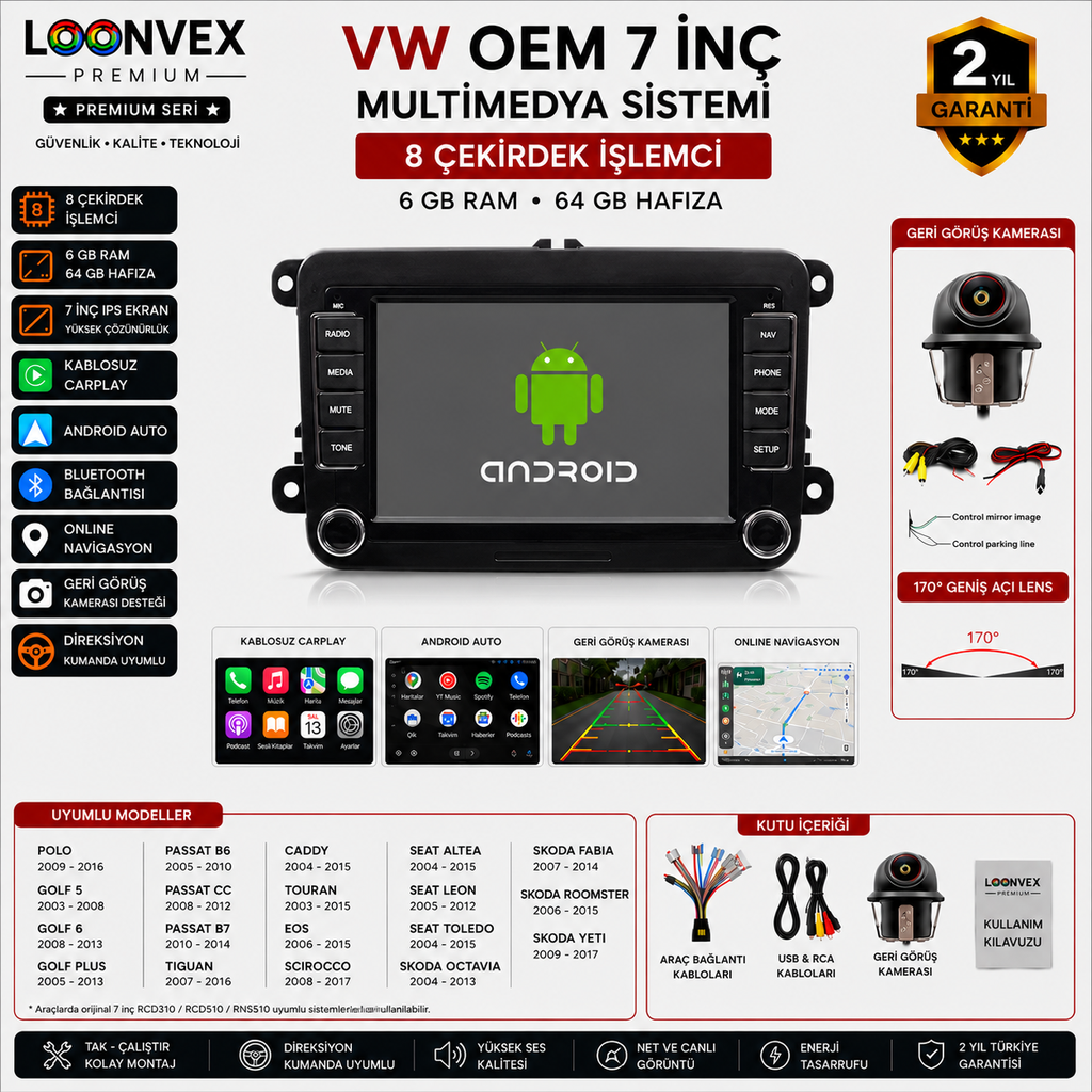 LOONVEX Premium VW OEM 7 İnç Multimedya Ekran | 8 Çekirdek | 6GB RAM | 64GB | RCD310 / RCD510 Uyumlu