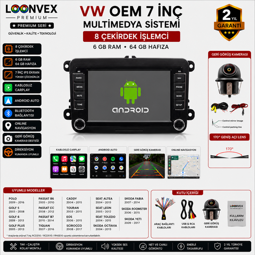 LOONVEX Premium VW OEM 7 İnç Multimedya Ekran | 8 Çekirdek | 6GB RAM | 64GB | RCD310 / RCD510 Uyumlu