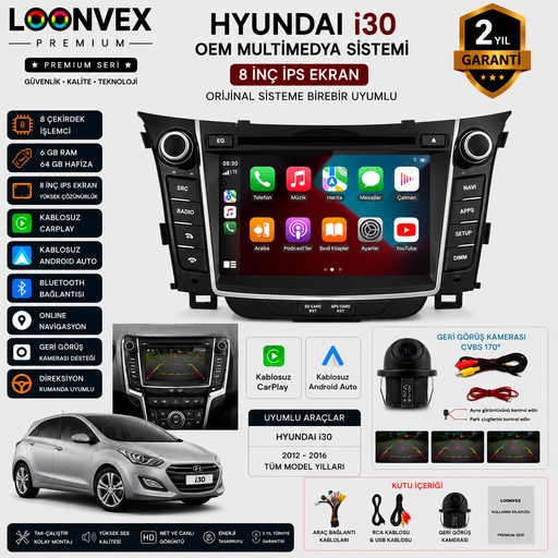 LOONVEX Premium Hyundai i30 2012-2016 OEM 8 İnç Multimedya Ekran | 8 Çekirdek | 6GB RAM | 64GB