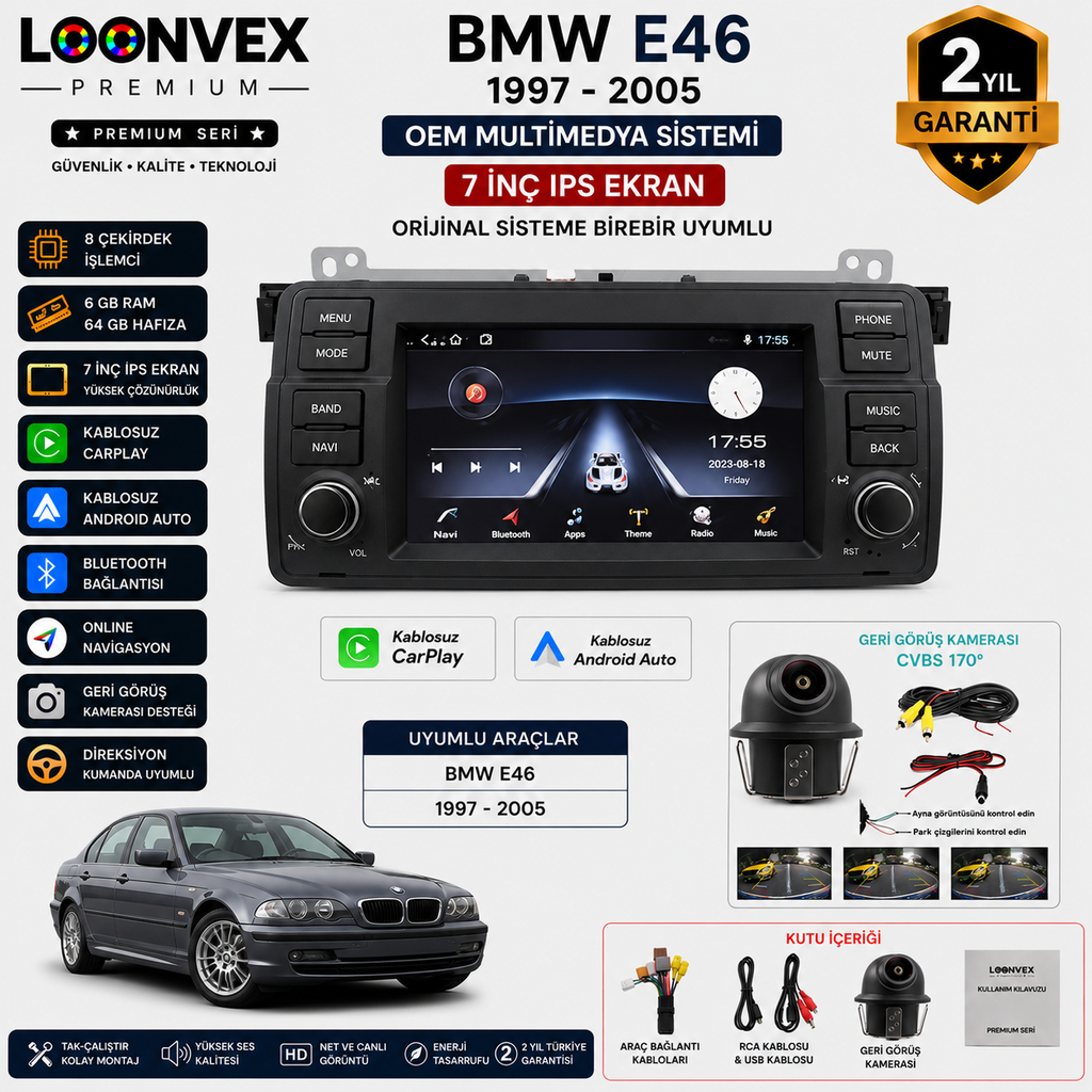 LOONVEX Premium BMW E46 1997-2005 OEM 7 İnç Multimedya Ekran | 8 Çekirdek | 6GB RAM | 64GB