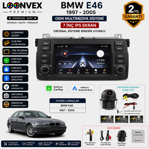 LOONVEX Premium BMW E46 1997-2005 OEM 7 İnç Multimedya Ekran | 8 Çekirdek | 6GB RAM | 64GB
