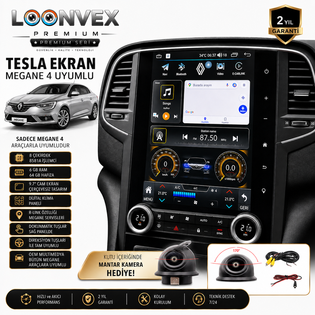 LOONVEX Premium Renault Megane 4 Tesla Ekran 9.7 İnç – 8 Çekirdek 6GB RAM 64GB