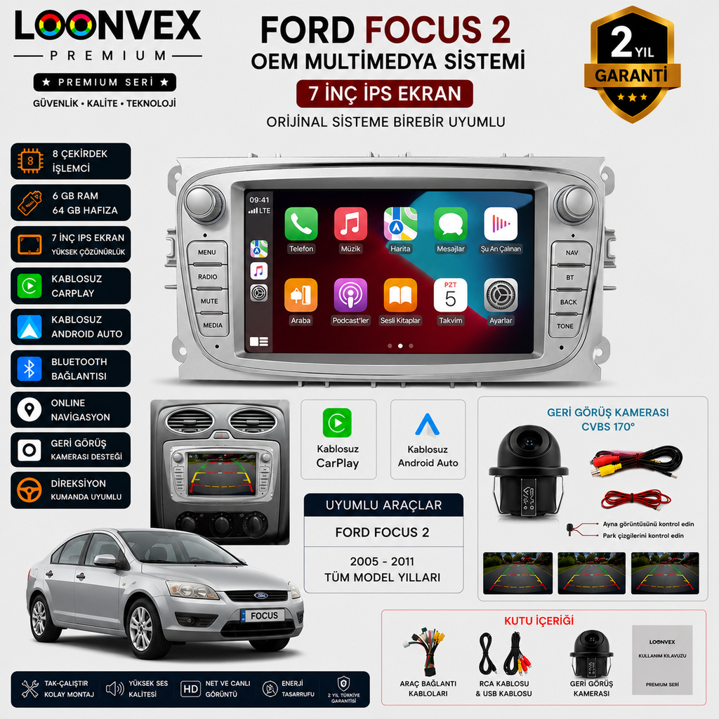 LOONVEX Premium Ford Focus 2 OEM 7 İnç Multimedya Ekran | 8 Çekirdek | 6GB RAM | 64GB