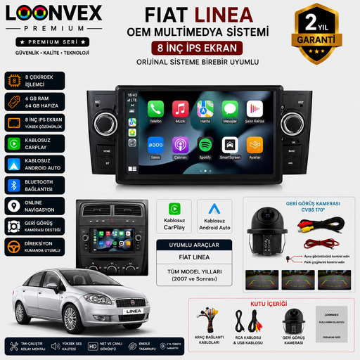 LOONVEX Premium Fiat Linea OEM 8 İnç Multimedya Ekran | 8 Çekirdek | 6GB RAM | 64GB