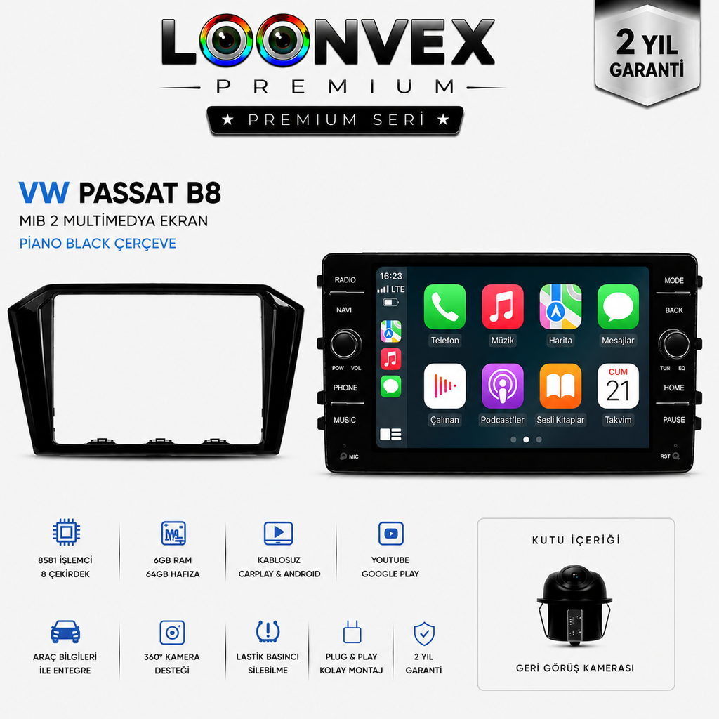 LOONVEX Premium Volkswagen Passat B8 MIB2 8 Çekirdek 6GB RAM 64GB Multimedya Ekran – Piano Black Çerçeve