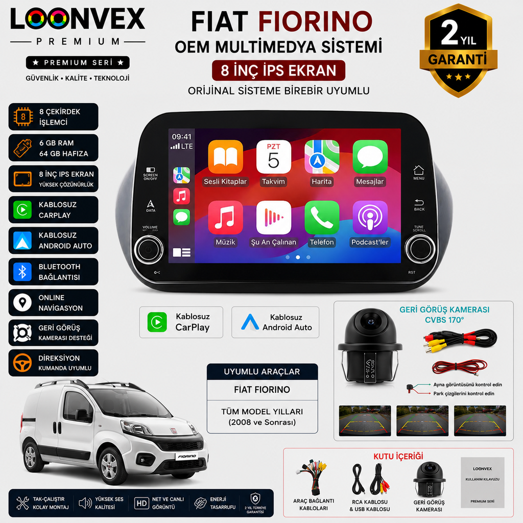 LOONVEX Premium Fiat Fiorino OEM 8 İnç Multimedya Ekran | 8 Çekirdek | 6GB RAM | 64GB | Geri Görüş Kameralı