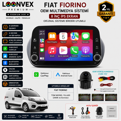 LOONVEX Premium Fiat Fiorino OEM 8 İnç Multimedya Ekran | 8 Çekirdek | 6GB RAM | 64GB | Geri Görüş Kameralı