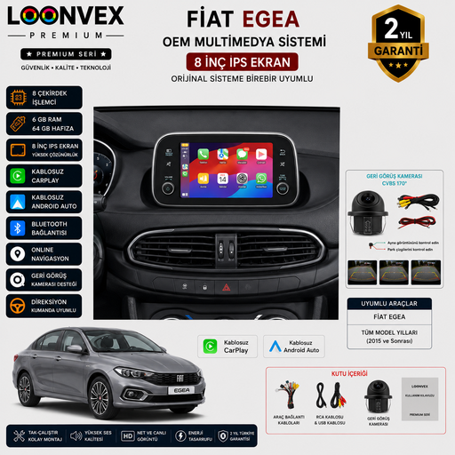 LOONVEX Premium Fiat Egea OEM 8 İnç Multimedya Ekran | 8 Çekirdek | 6GB RAM | 64GB | Geri Görüş Kameralı