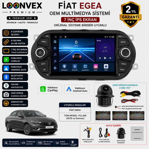 LOONVEX Premium Fiat Egea OEM 7 İnç Multimedya Ekran | 8 Çekirdek | 6GB RAM | 64GB | Geri Görüş Kameralı