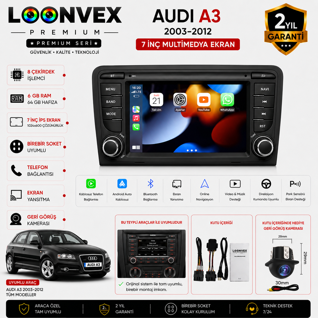 LOONVEX Premium Audi A3 2003-2012 7 İnç 8 Çekirdek 6GB RAM 64GB Multimedya Ekran
