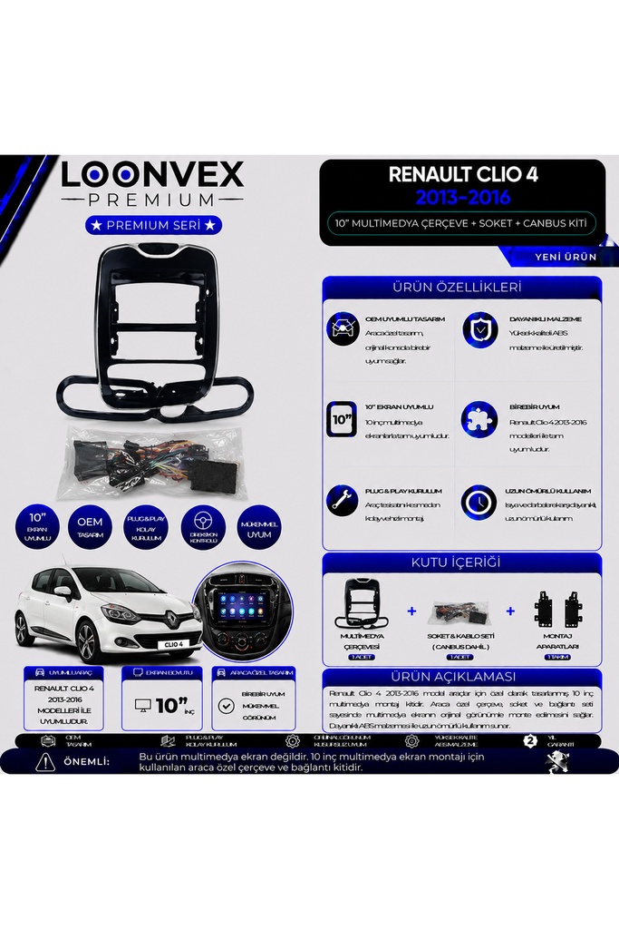 LOONVEX Premium Renault Clio 4 2013-2016 10 İnç Multimedya Çerçeve ve Montaj Kiti