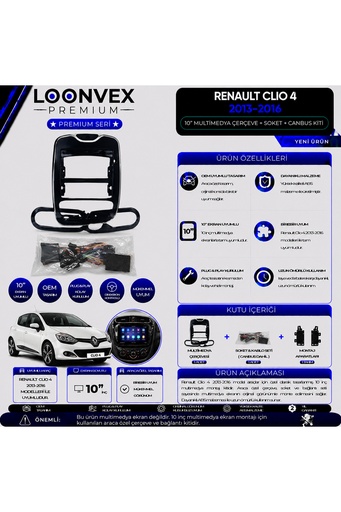 LOONVEX Premium Renault Clio 4 2013-2016 10 İnç Multimedya Çerçeve ve Montaj Kiti