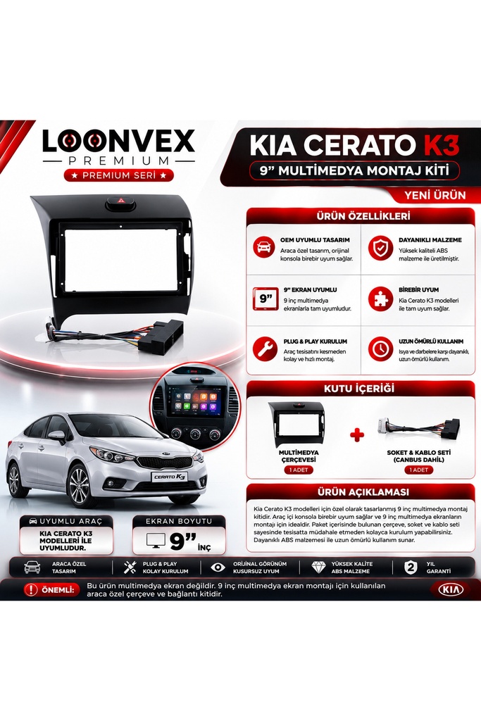LOONVEX Premium KIA CERATO K3 9 İnç Multimedya Çerçeve ve Montaj Kiti