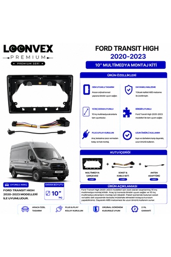 LOONVEX Premium FORD TRANSIT HIGH 2020-2023 10 İnç Multimedya Çerçeve ve Montaj Kiti