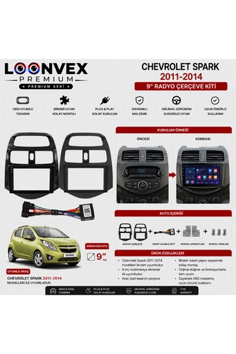 LOONVEX Premium Chevrolet Spark 2011-2014 9 İnç Multimedya Çerçeve ve Montaj Kiti
