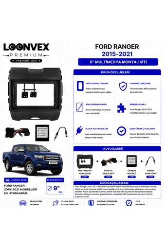 LOONVEX Premium FORD RANGER 2015-2021 9 İnç Multimedya Çerçeve ve Montaj Kiti