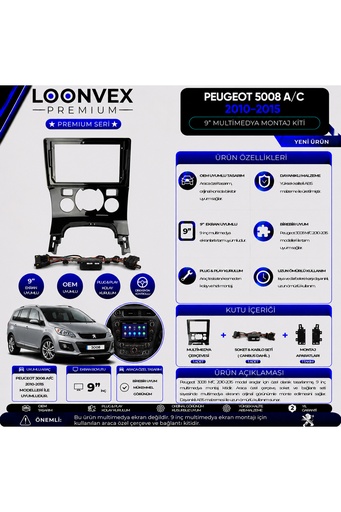 LOONVEX Premium Peugeot 5008 A/C 2010-2015 9 İnç Multimedya Çerçeve ve Montaj Kiti